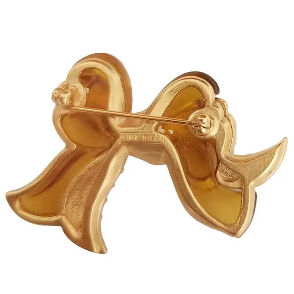 vtg NINA RICCI rhinestone crystal bow golden gold statement brooch pin signed - Picture 2 of 3